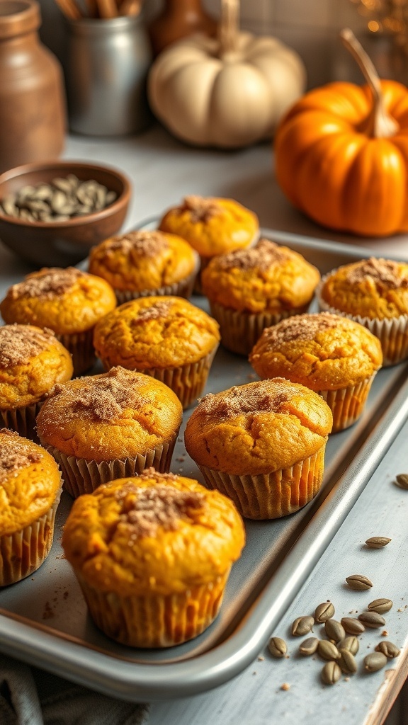 Freshly baked healthy pumpkin muffins on a tray, garnished with cinnamon, in a cozy kitchen.